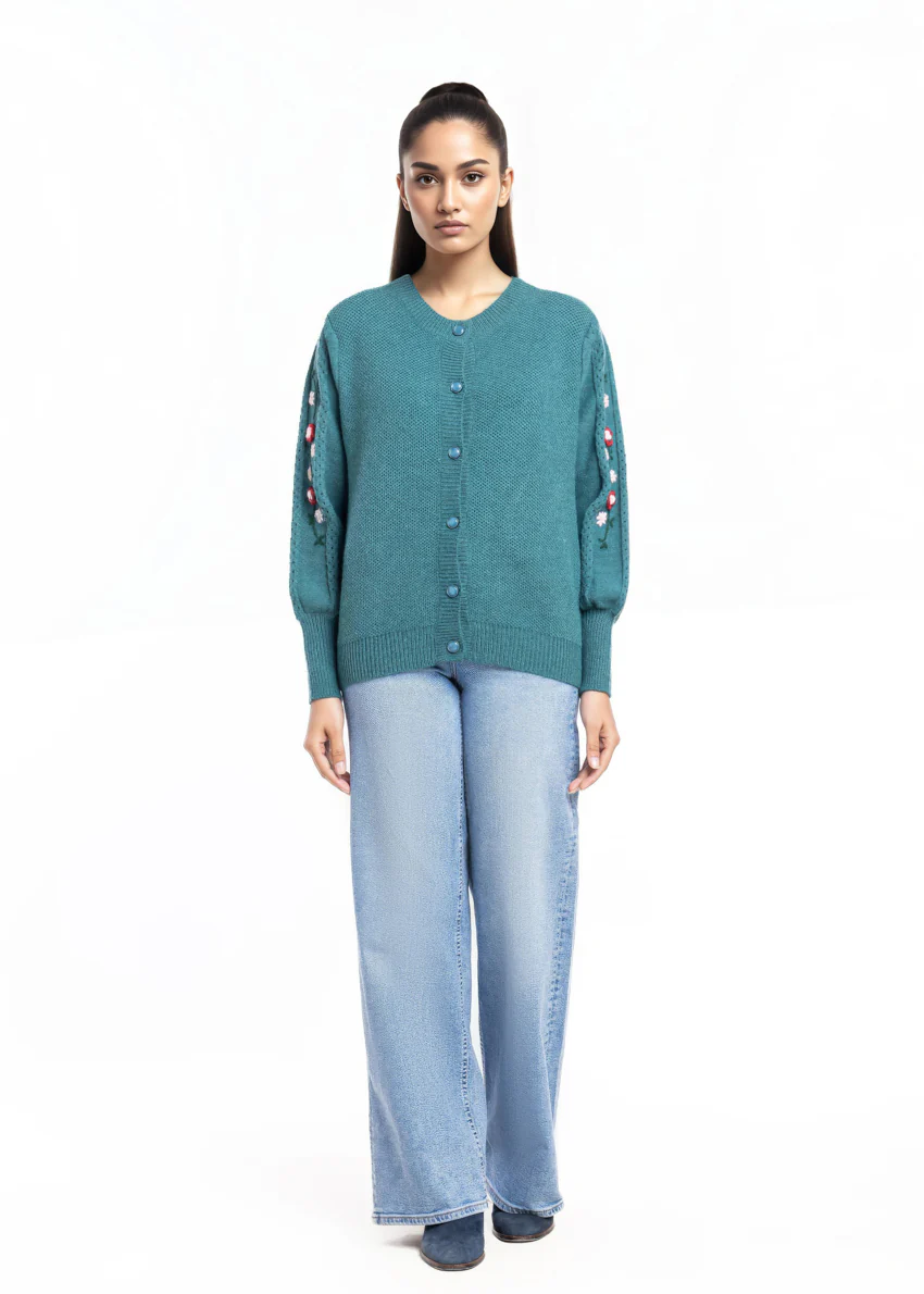 Green-Round Neck Cardigan Full Sleeves Sweater (25Y-002-67)