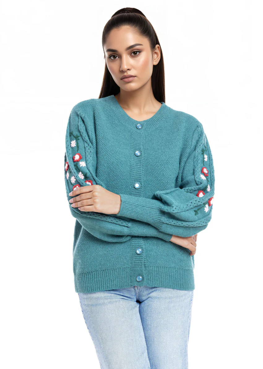 Green-Round Neck Cardigan Full Sleeves Sweater (25Y-002-67) - Image 3