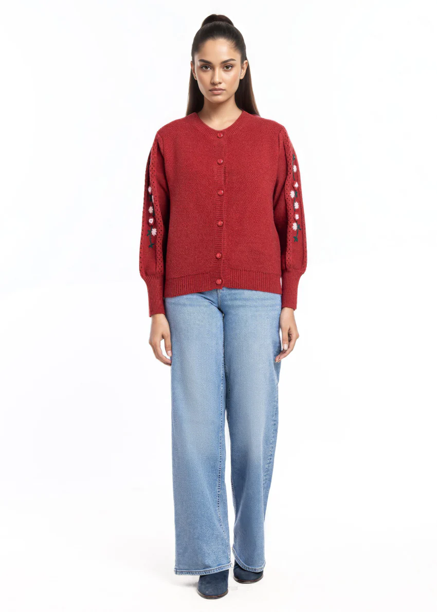Maroon-Round Neck Cardigan Full Sleeves Sweater (25Y-002-67)