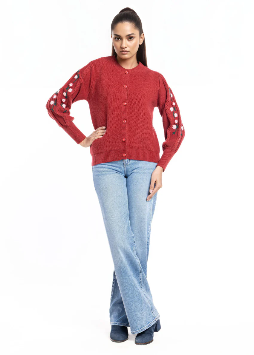Maroon-Round Neck Cardigan Full Sleeves Sweater (25Y-002-67) - Image 3
