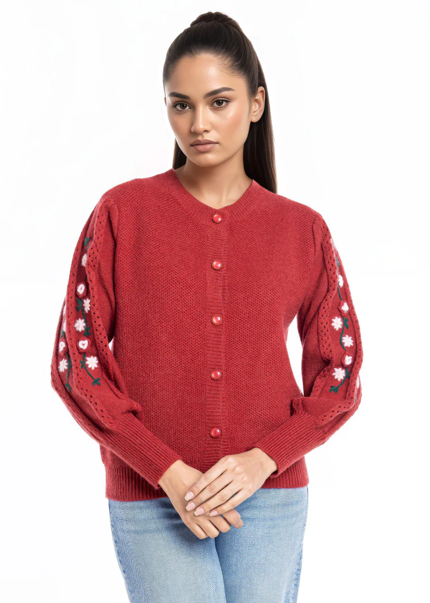Maroon-Round Neck Cardigan Full Sleeves Sweater (25Y-002-67) - Image 5
