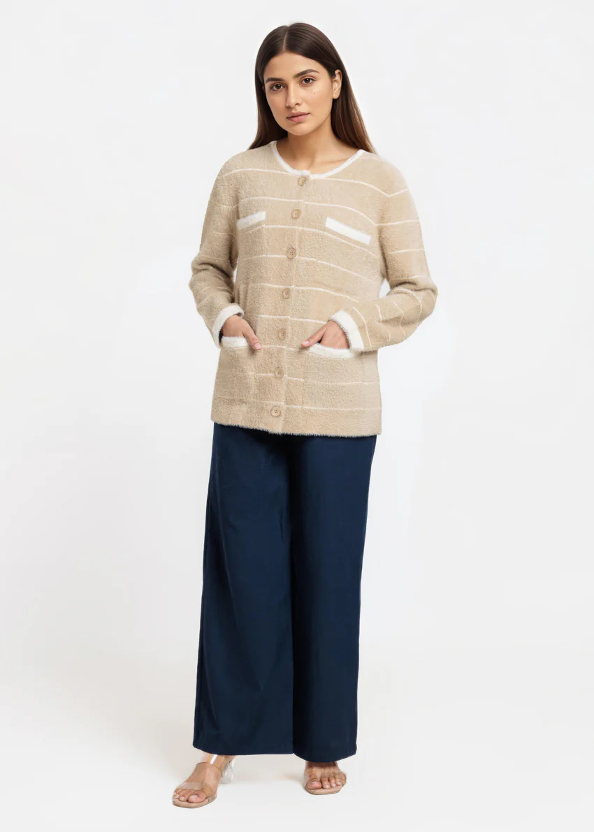 Apricot-Round Neck Full Sleeves Cardigan Sweater (25Y-004-67) - Image 3