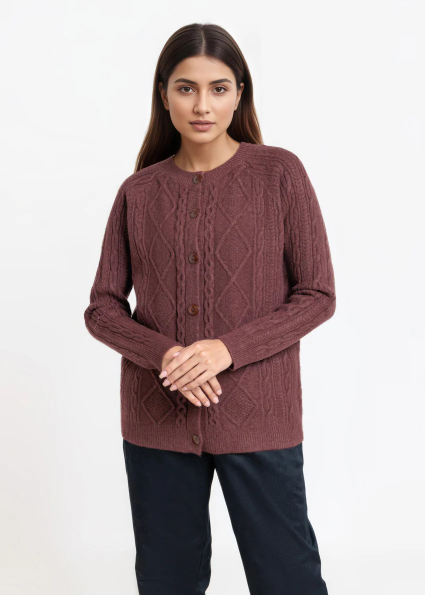 Coffee-Round Neck Full Sleeves Cardigan Sweater (25Y-006-67)