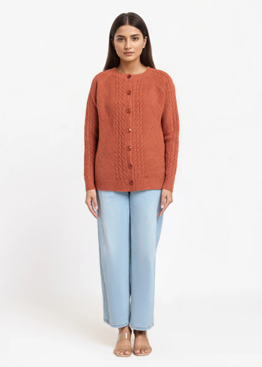 Rust-Round Neck Full Sleeves Cardigan Sweater (25Y-009-67) - Image 3