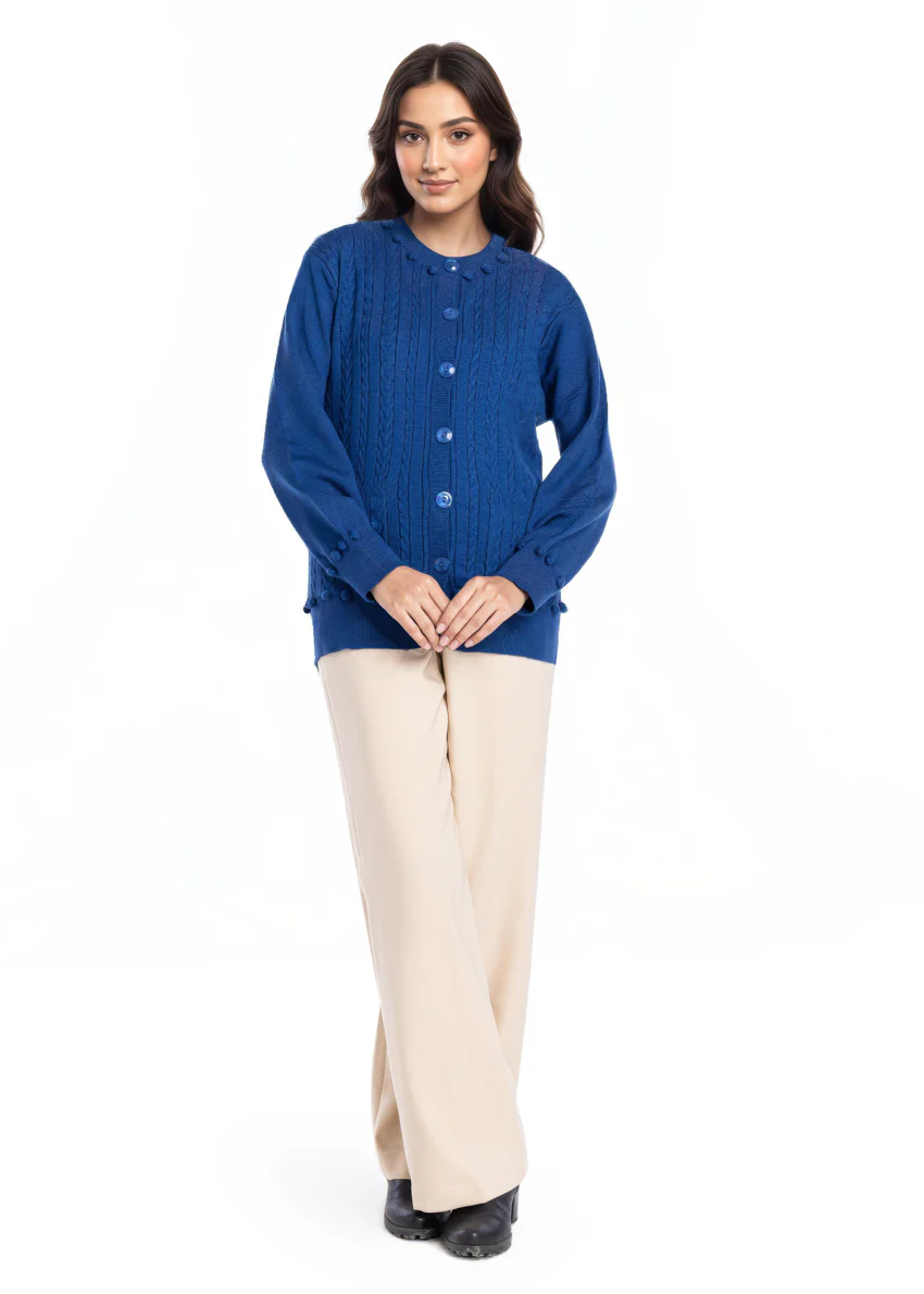 R-Blue-Round Neck Full Sleeves Cardigan Sweater (25Y-010-67)