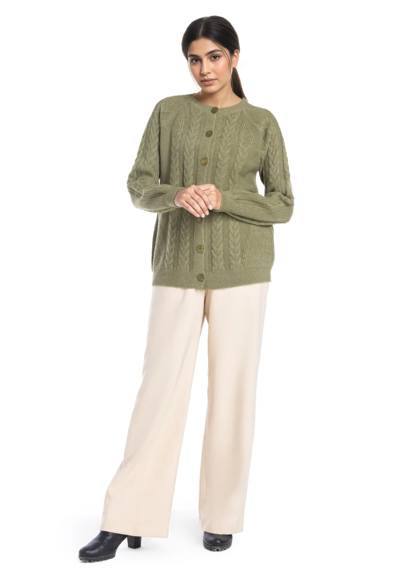 Olive-Round Neck Reglan Sleeves Cardigan Sweater (25Y-011-67) - Image 3