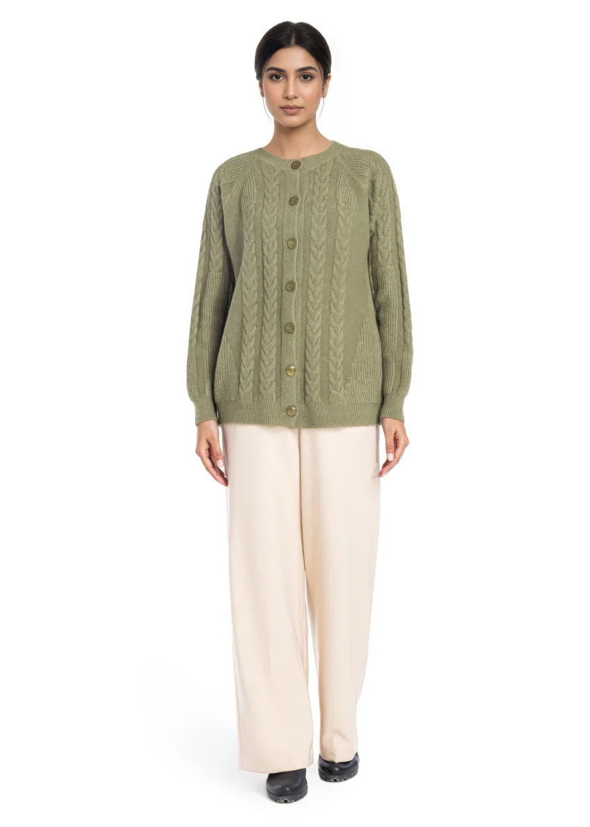 Olive-Round Neck Reglan Sleeves Cardigan Sweater (25Y-011-67) - Image 4