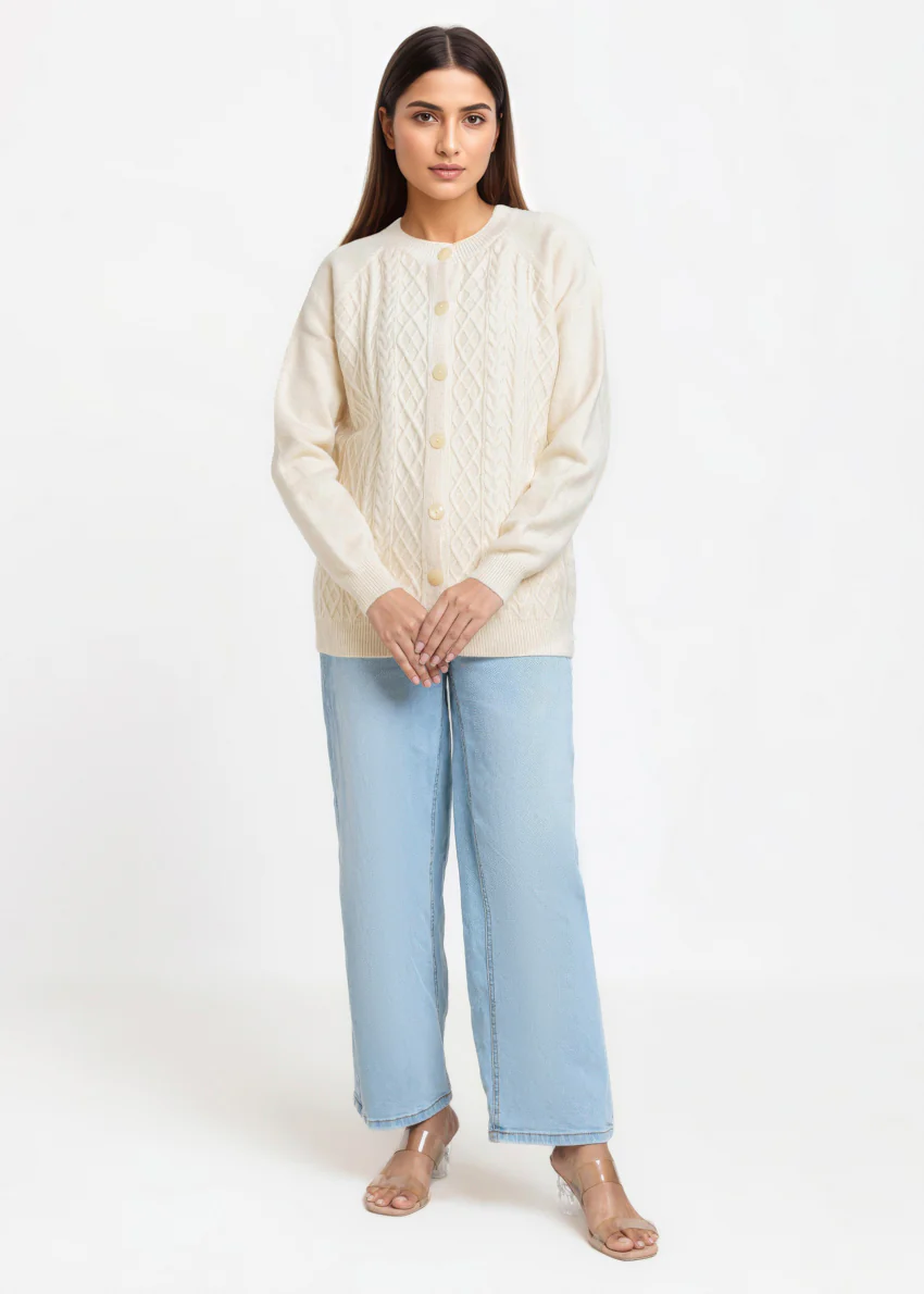 O-White-Round Neck Full Sleeves Cardigan Sweater (25Y-014-67) - Image 3