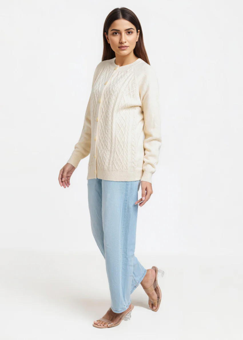 O-White-Round Neck Full Sleeves Cardigan Sweater (25Y-014-67) - Image 5