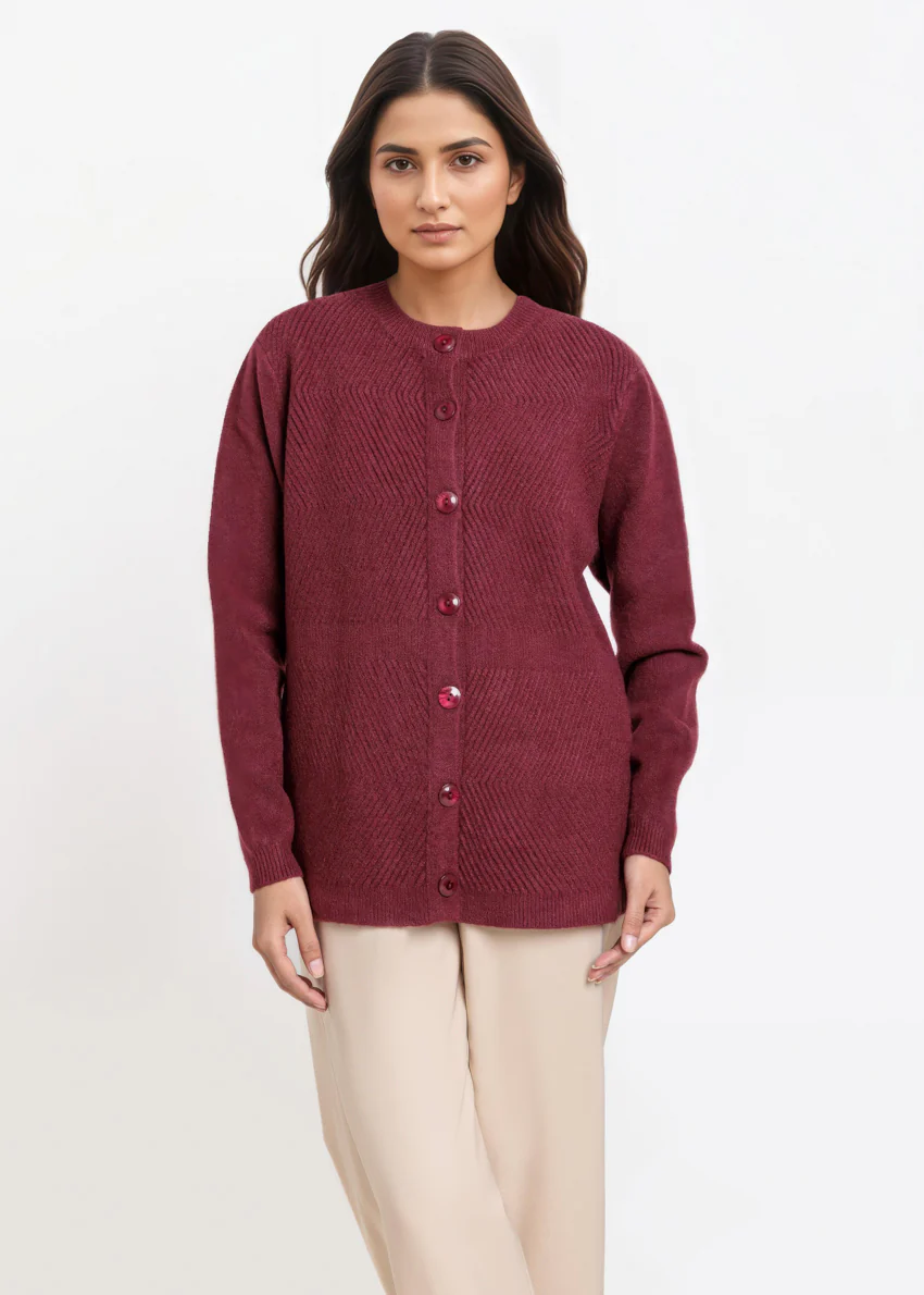 Maroon-Round Neck Full Sleeves Cardigan Sweater (25Y-016-67)