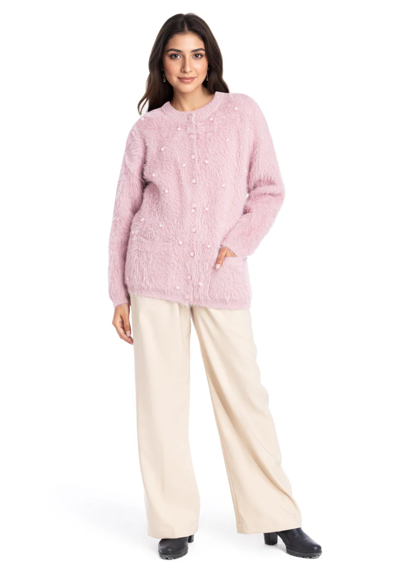 B-Pink-Round Neck Full Sleeves Cardigan Sweater (25Y-023-67)