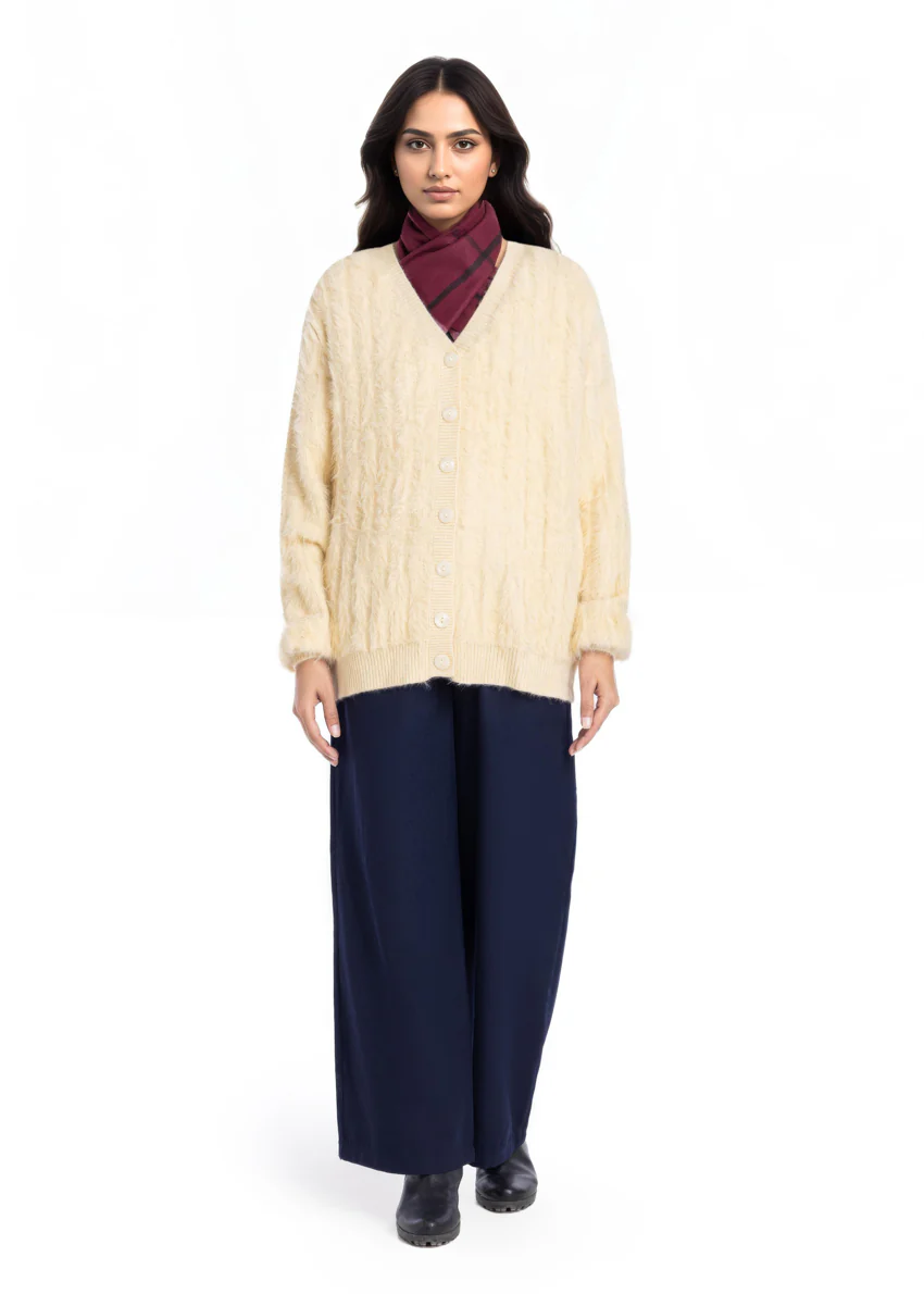 Cream-V Neck Cardigan Full Sleeves Sweater (25Y-024-67)