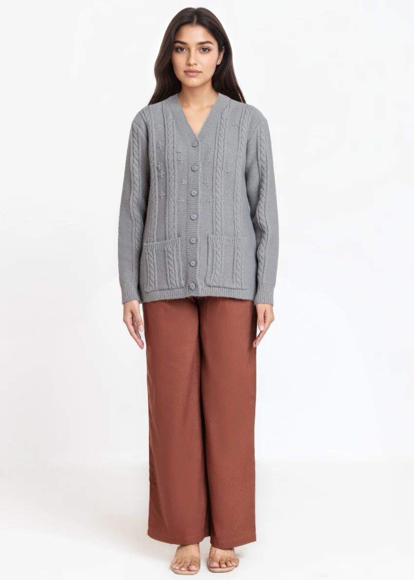 Grey-V-Cardigan Full Sleeves Sweater (25Y-025-67) - Image 4