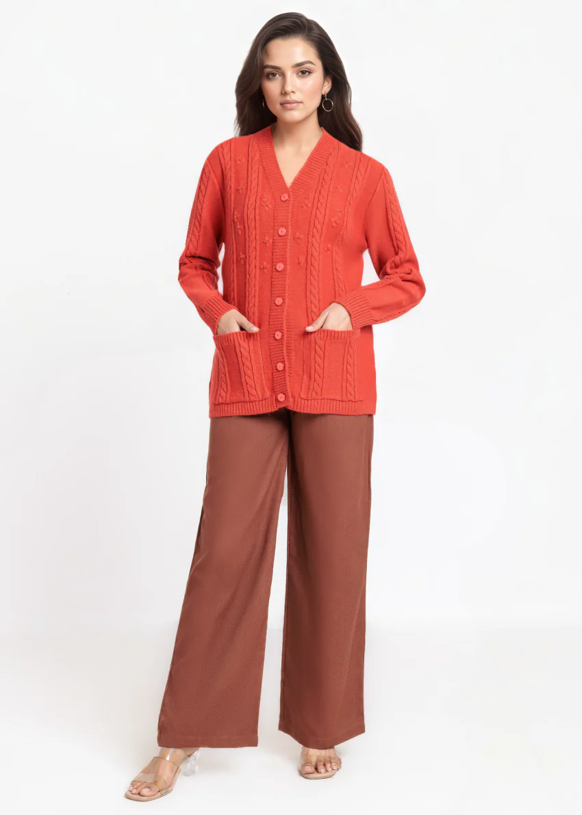 Rust-V-Cardigan Full Sleeves Sweater (25Y-025-67) - Image 3