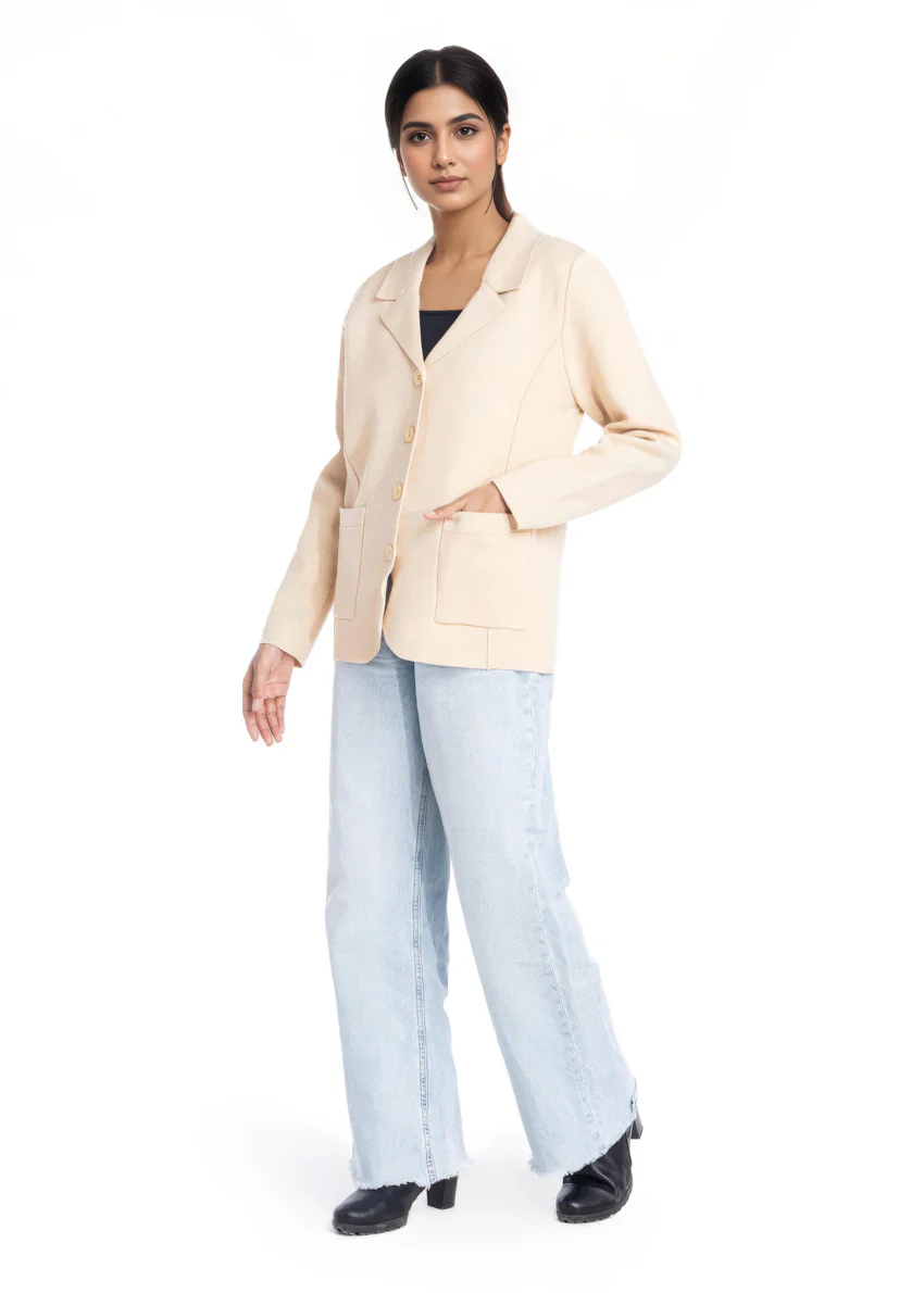 Beige-Notched Collar Full Sleeves Cardigan Sweater (25Y-030-67)