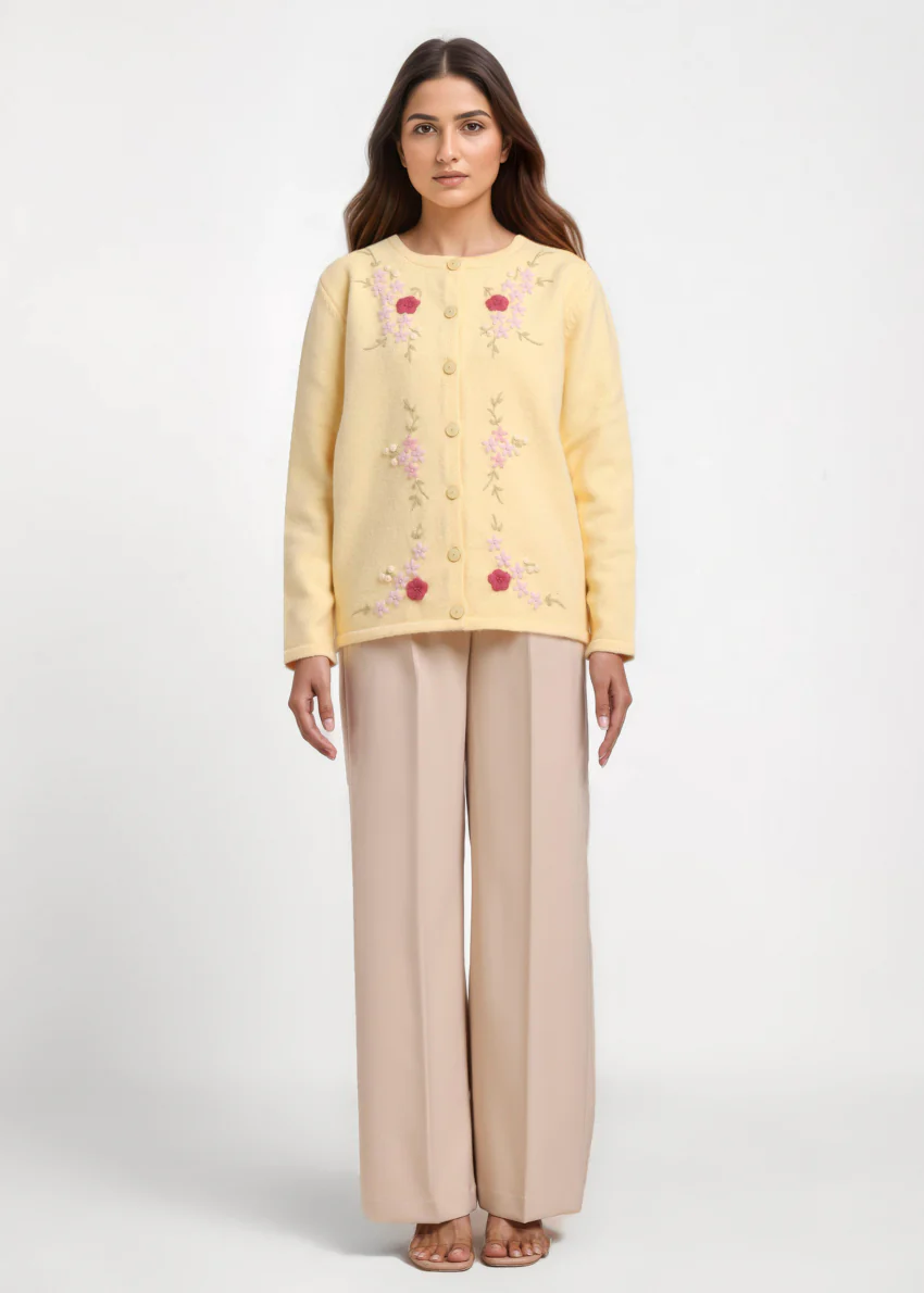 L-Yellow-Round Neck Full Sleeves Cardigan Sweater (25Y-031-67) - Image 3
