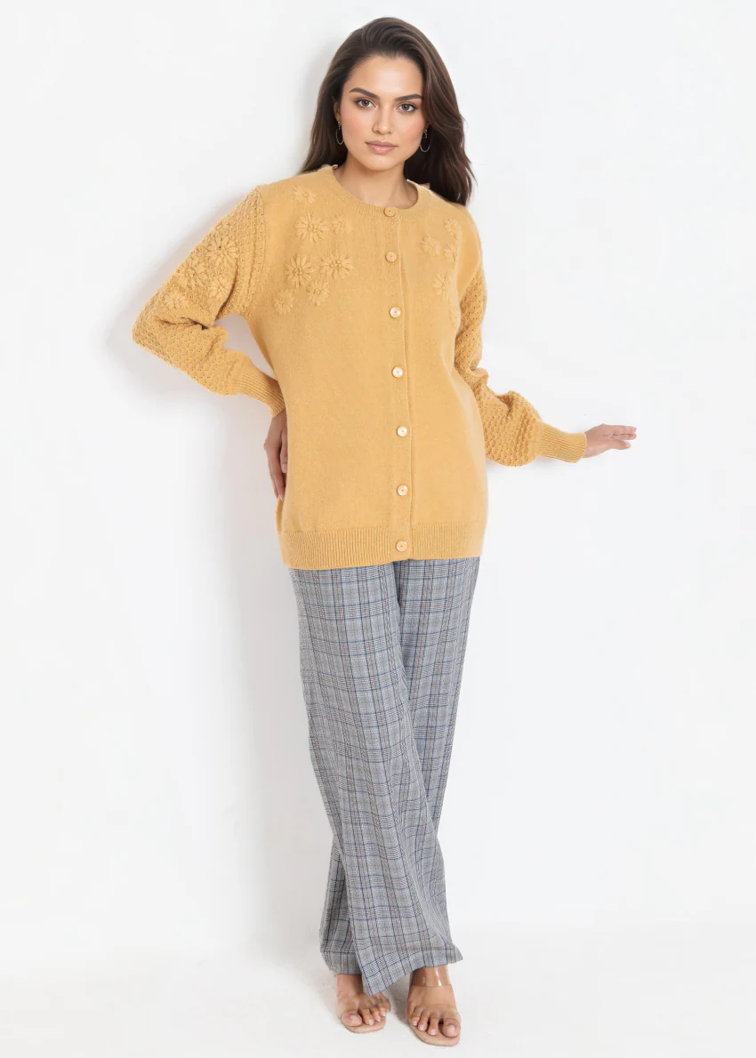 Mustard-Round Neck Full Sleeves Cardigan Sweater (25Y-032-67) - Image 3