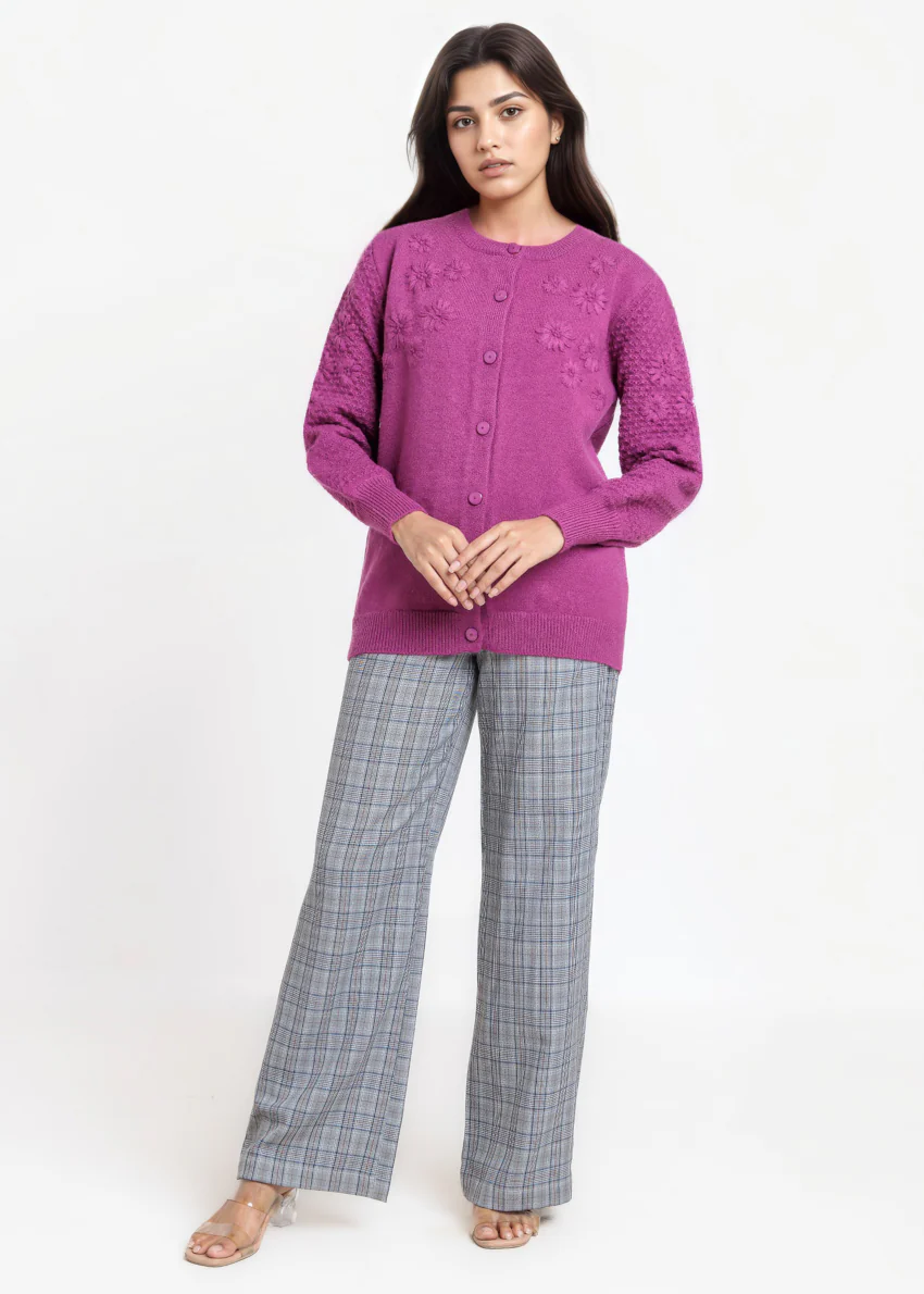 Purple-Round Neck Full Sleeves Cardigan Sweater (25Y-032-67) - Image 4
