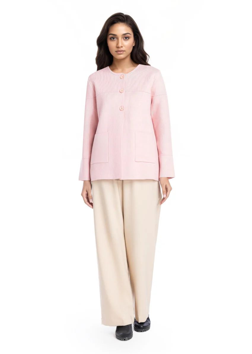 L-Pink-Round Neck Full Sleeves Cardigan Sweater (25Y-034-67)