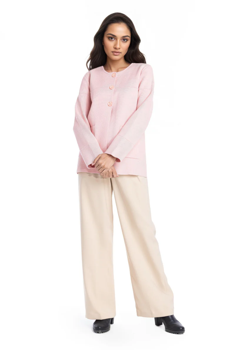 L-Pink-Round Neck Full Sleeves Cardigan Sweater (25Y-034-67) - Image 3