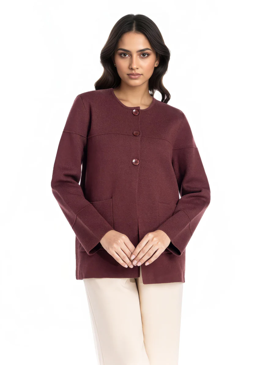 Maroon-Round Neck Full Sleeves Cardigan Sweater (25Y-034-67) - Image 3