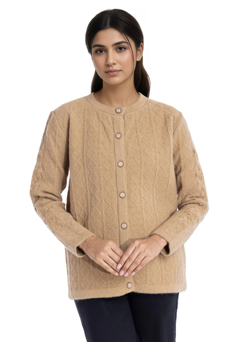 Beige-Round Neck Full Sleeves Cardigan Sweater (25Y-036-67) - Image 3