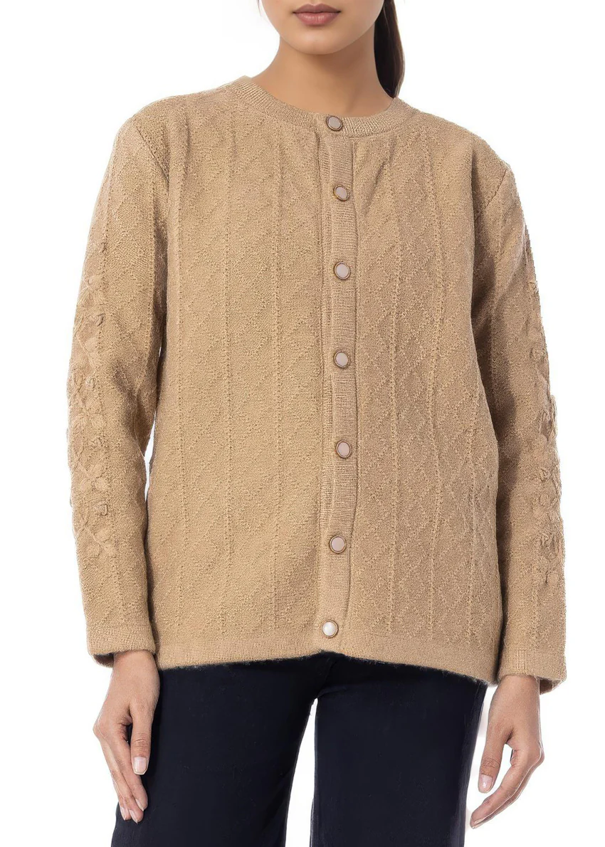 Beige-Round Neck Full Sleeves Cardigan Sweater (25Y-036-67) - Image 4