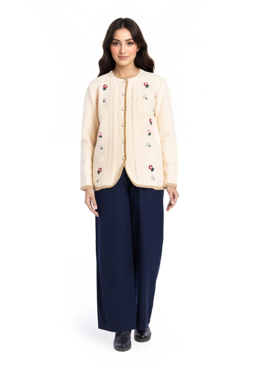 Cream-Round Neck Full Sleeves Cardigan Sweater (25Y-037-67) - Image 4