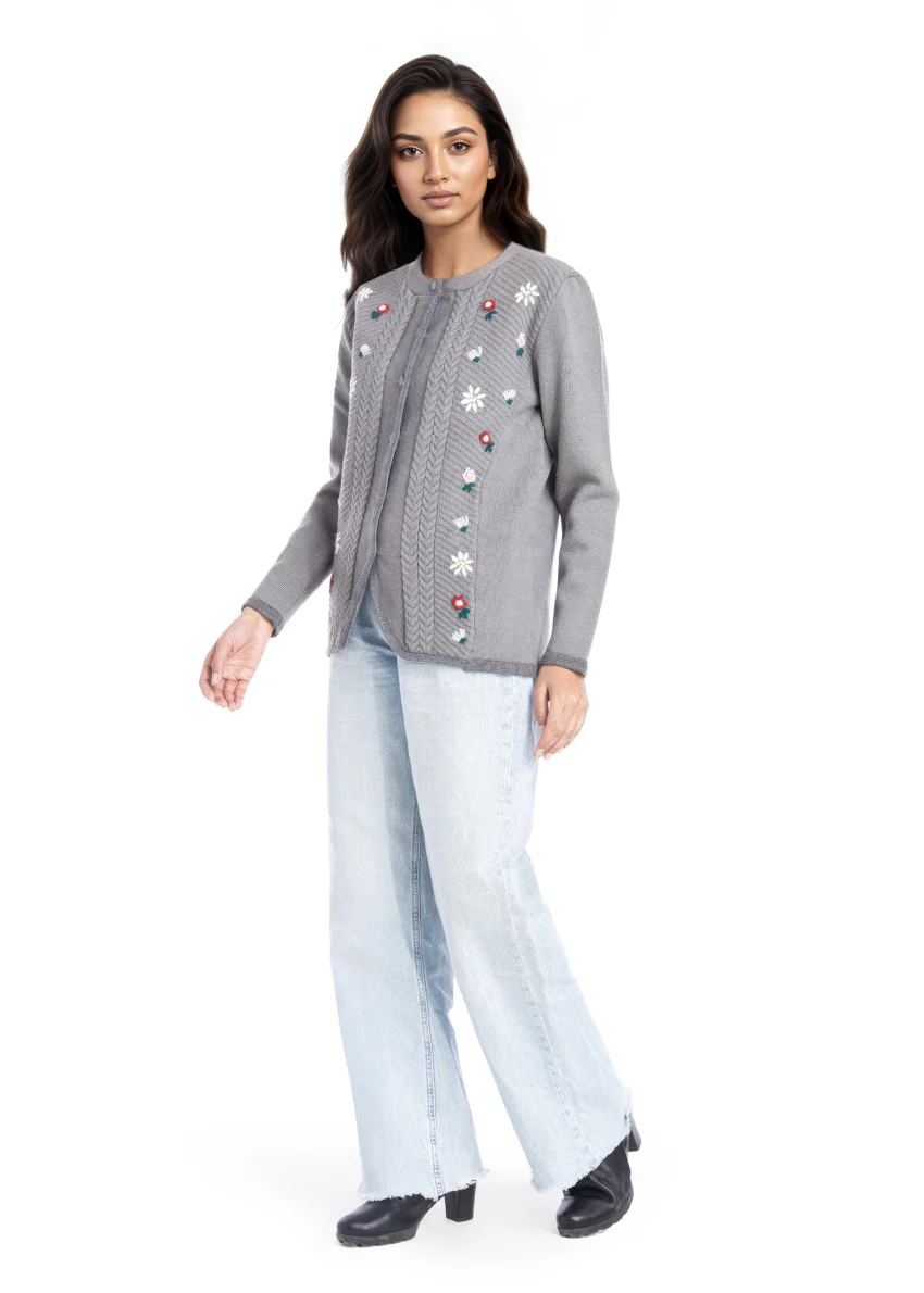 Grey-Round Neck Full Sleeves Cardigan Sweater (25Y-037-67)