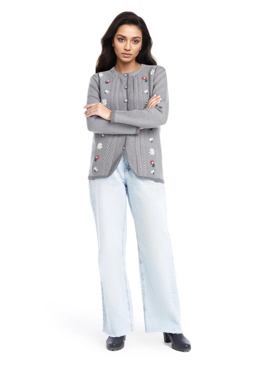 Grey-Round Neck Full Sleeves Cardigan Sweater (25Y-037-67) - Image 5