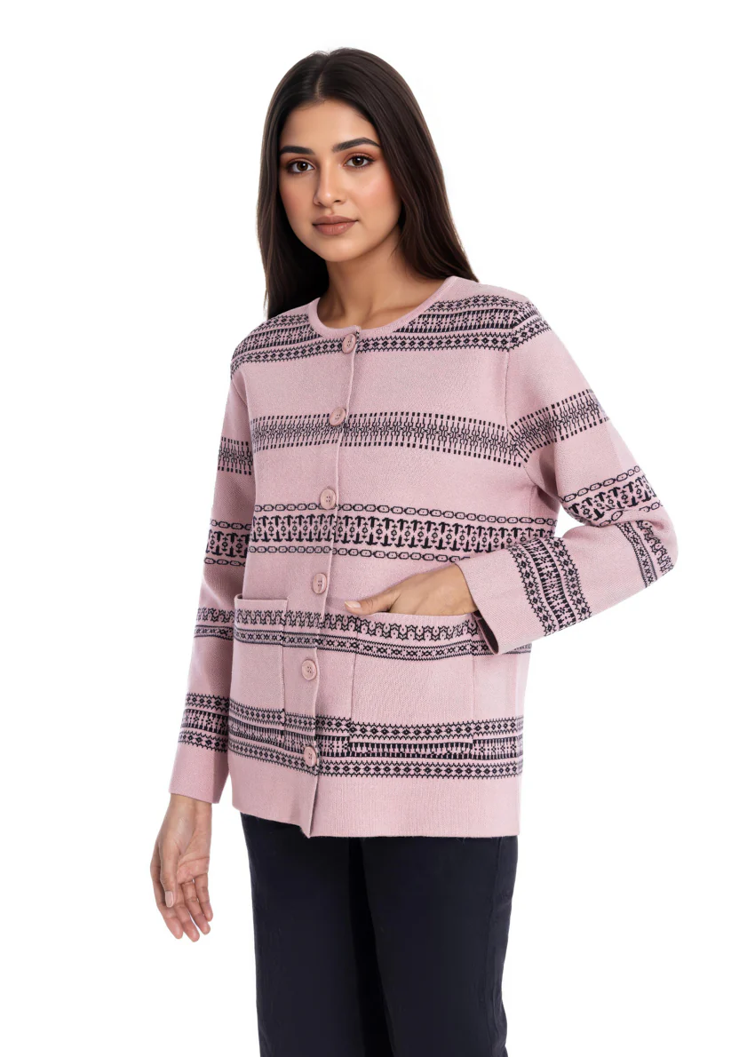 B-Pink-Round Neck Full Sleeves Cardigan Sweater (25Y-039-67)