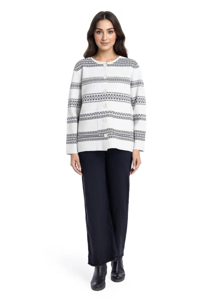 O-White-Round Neck Full Sleeves Cardigan Sweater (25Y-039-67) - Image 3