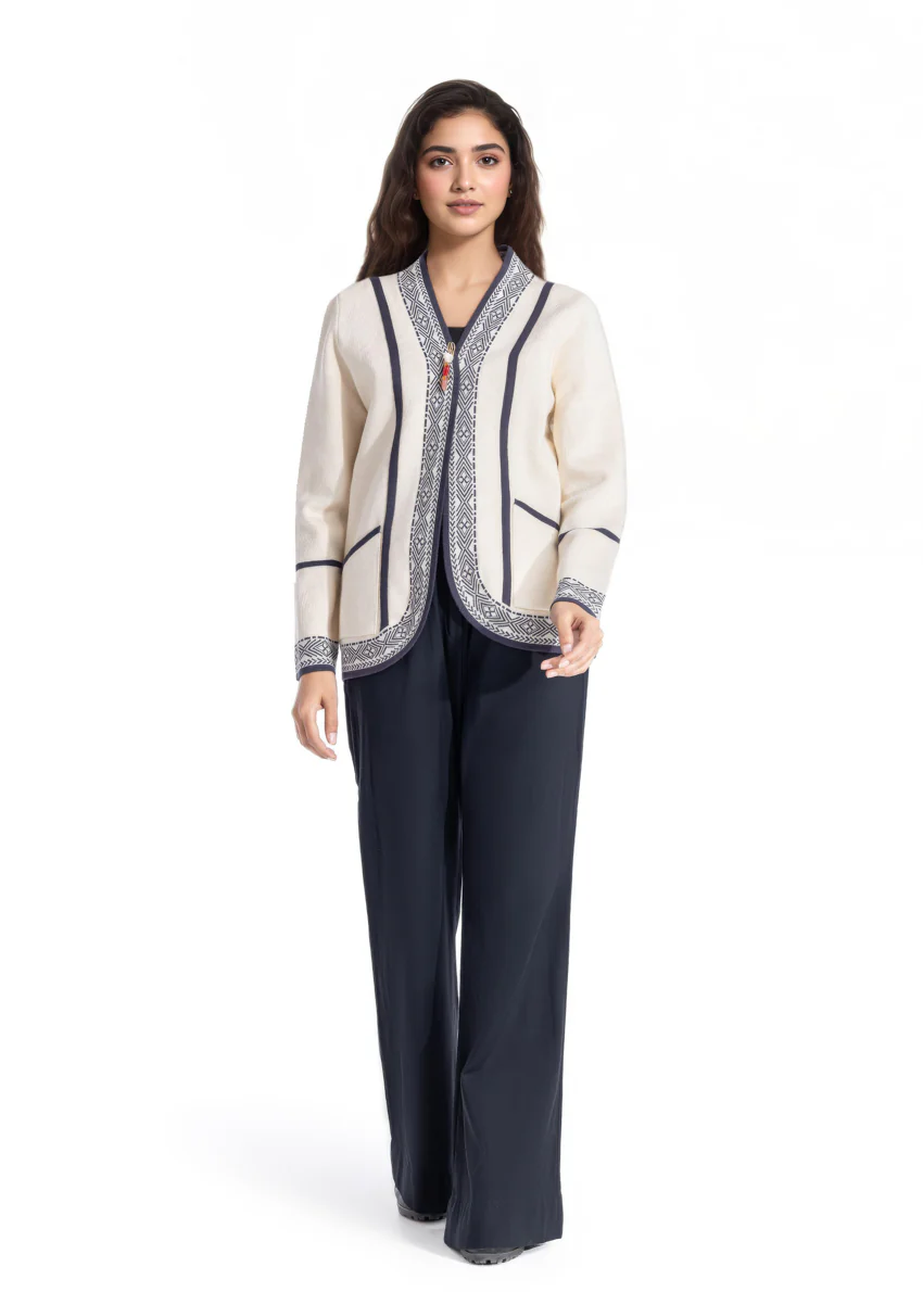 O-White-V Neck Cardigan Full Sleeves Sweater (25Y-040-67)