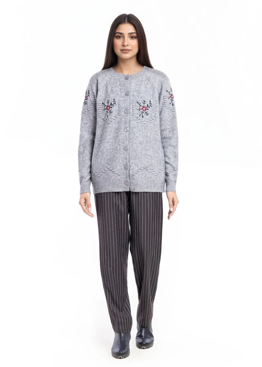 Grey-Round Neck Cardigan Reglan Sleeve Sweater (25Y-041-67)