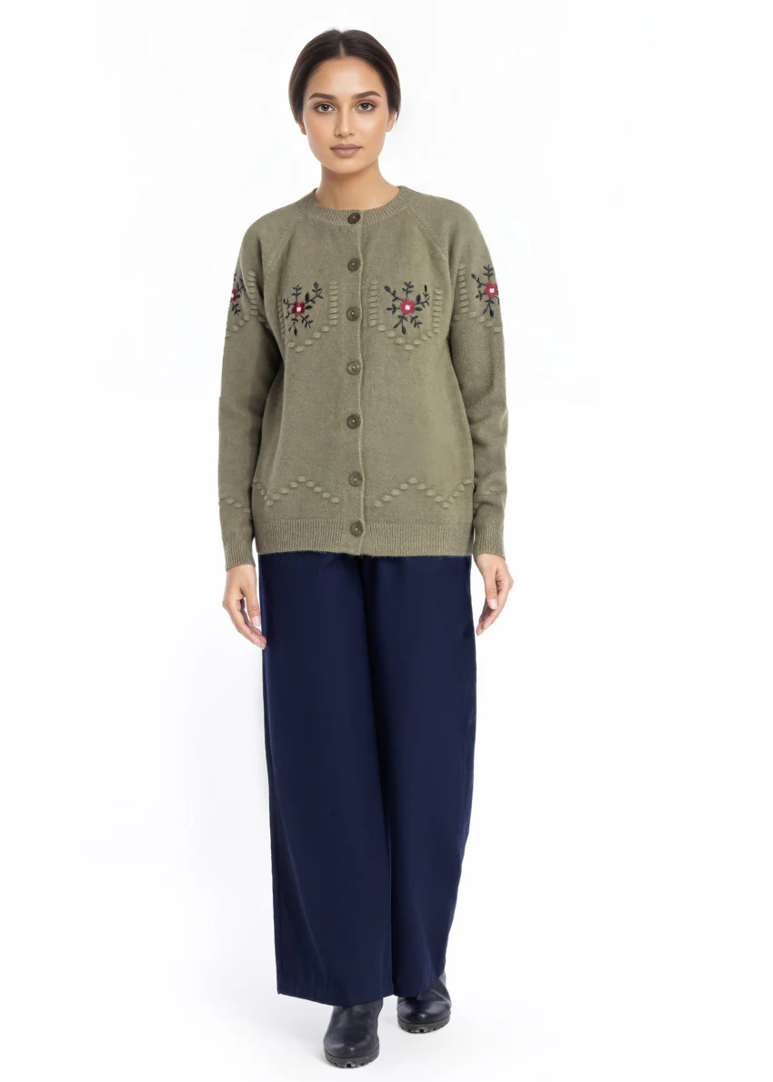 Olive-Round Neck Cardigan Reglan Sleeve Sweater (25Y-041-67)