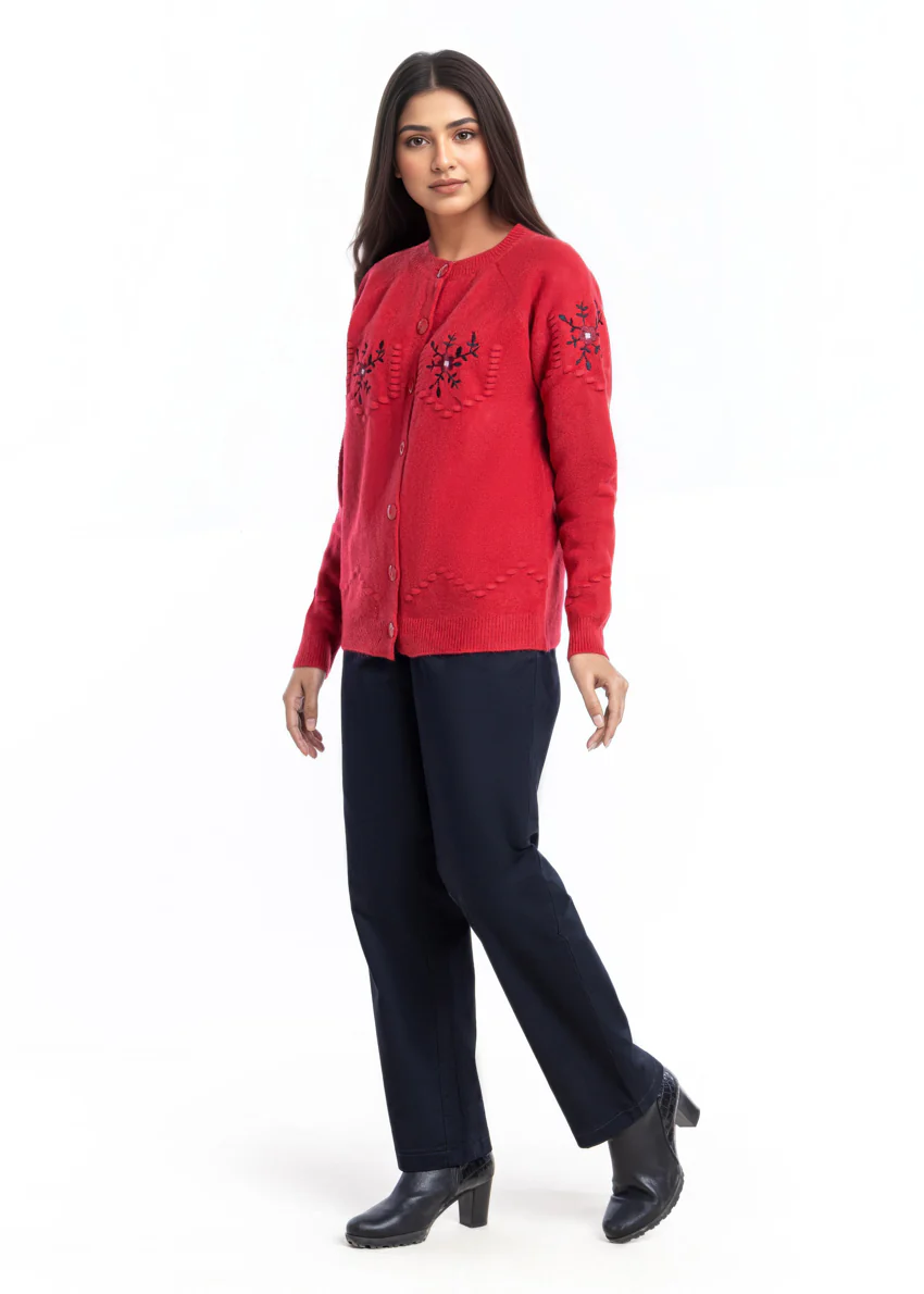 Red-Round Neck Cardigan Reglan Sleeve Sweater (25Y-041-67)