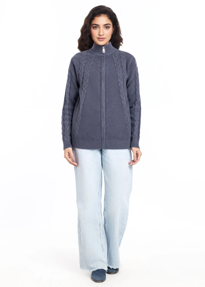 Charcoal-Turtle Neck Collar Zipper Full Sleeves Sweater (25Y-046-67)