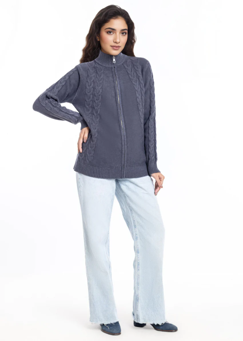 Charcoal-Turtle Neck Collar Zipper Full Sleeves Sweater (25Y-046-67) - Image 3