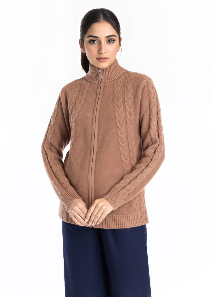 Coffee-Turtle Neck Collar Zipper Full Sleeves Sweater (25Y-046-67) - Image 3
