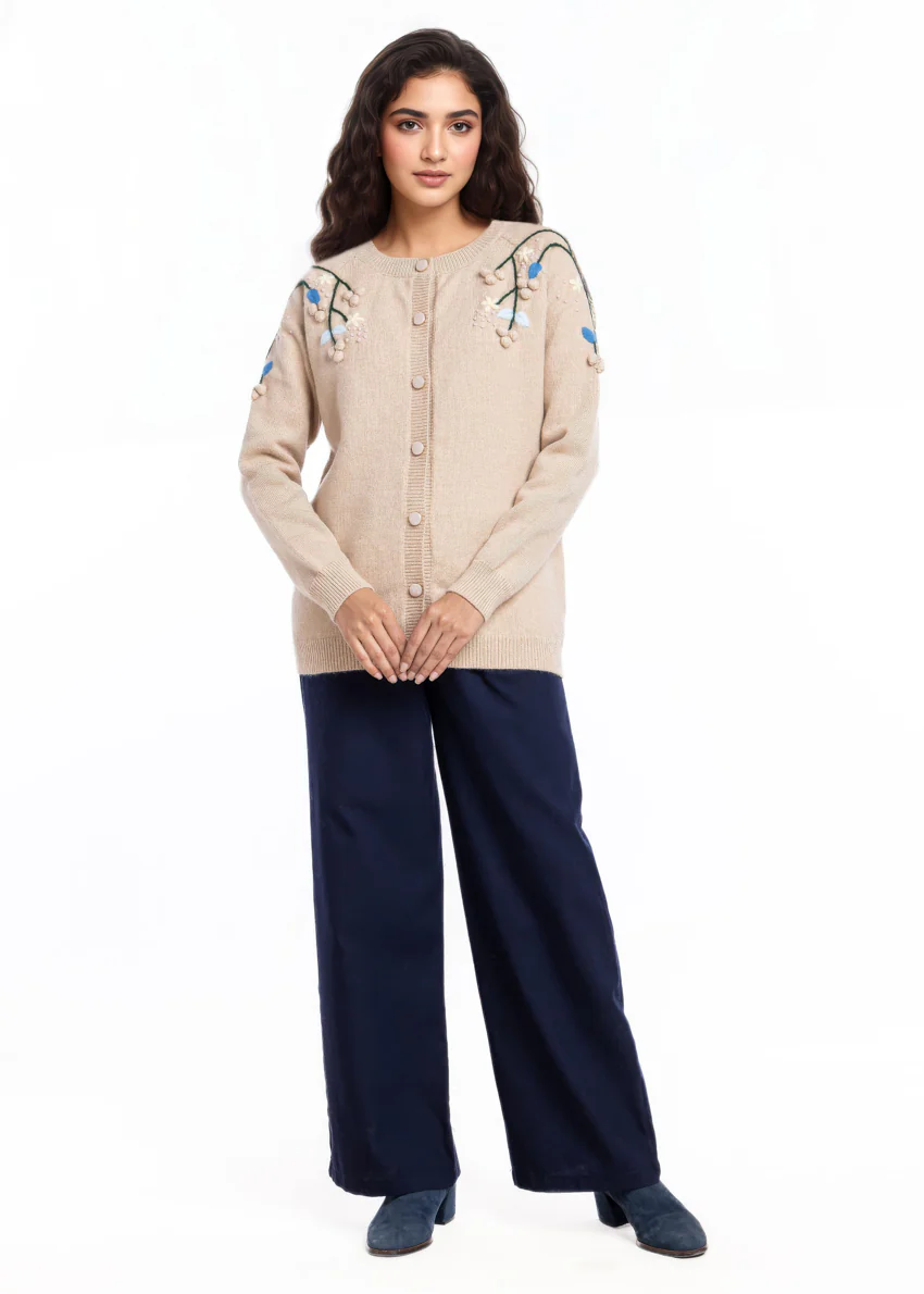 Beige-Round Neck Cardigan Reglan Sleeves Sweater (25Y-049-67)