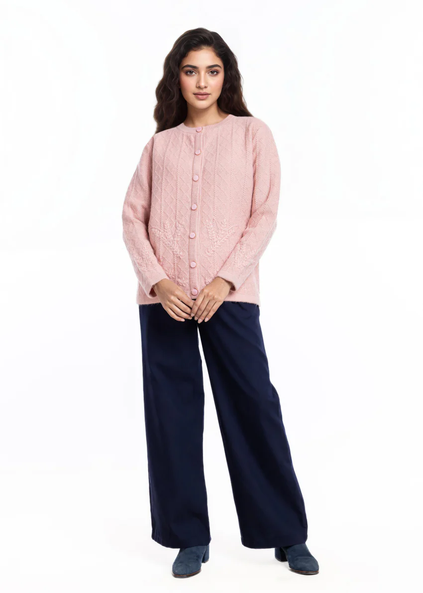 B-Pink-Round Neck Cardigan Full Sleeves Sweater (25Y-051-67)