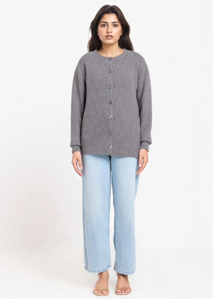 Charcoal-Round Neck Full Sleeves Cardigan Sweater (25Y-055-67)