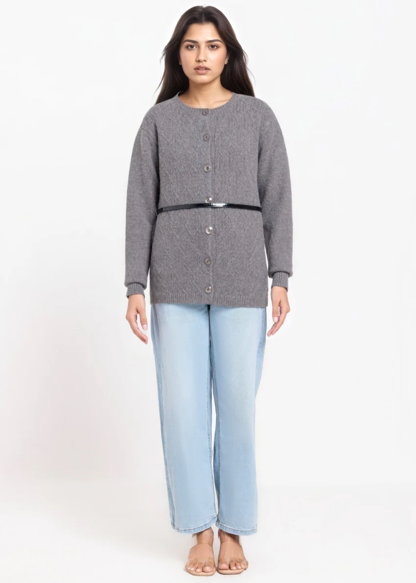 Charcoal-Round Neck Full Sleeves Cardigan Sweater (25Y-055-67) - Image 2