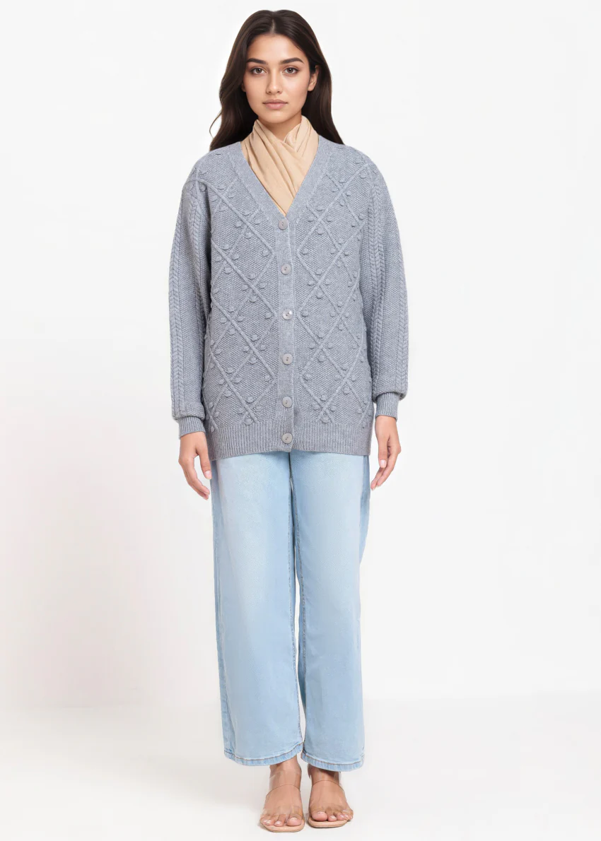 Grey-V-Cardigan Full Sleeves Sweater (25Y-056-67) - Image 2