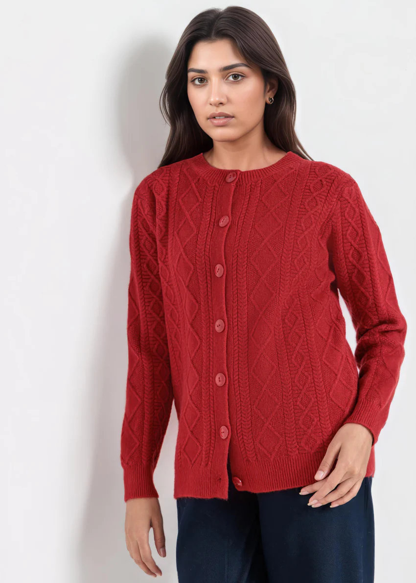 Maroon-Round Neck Full Sleeves Cardigan Sweater (25Y-057-67)