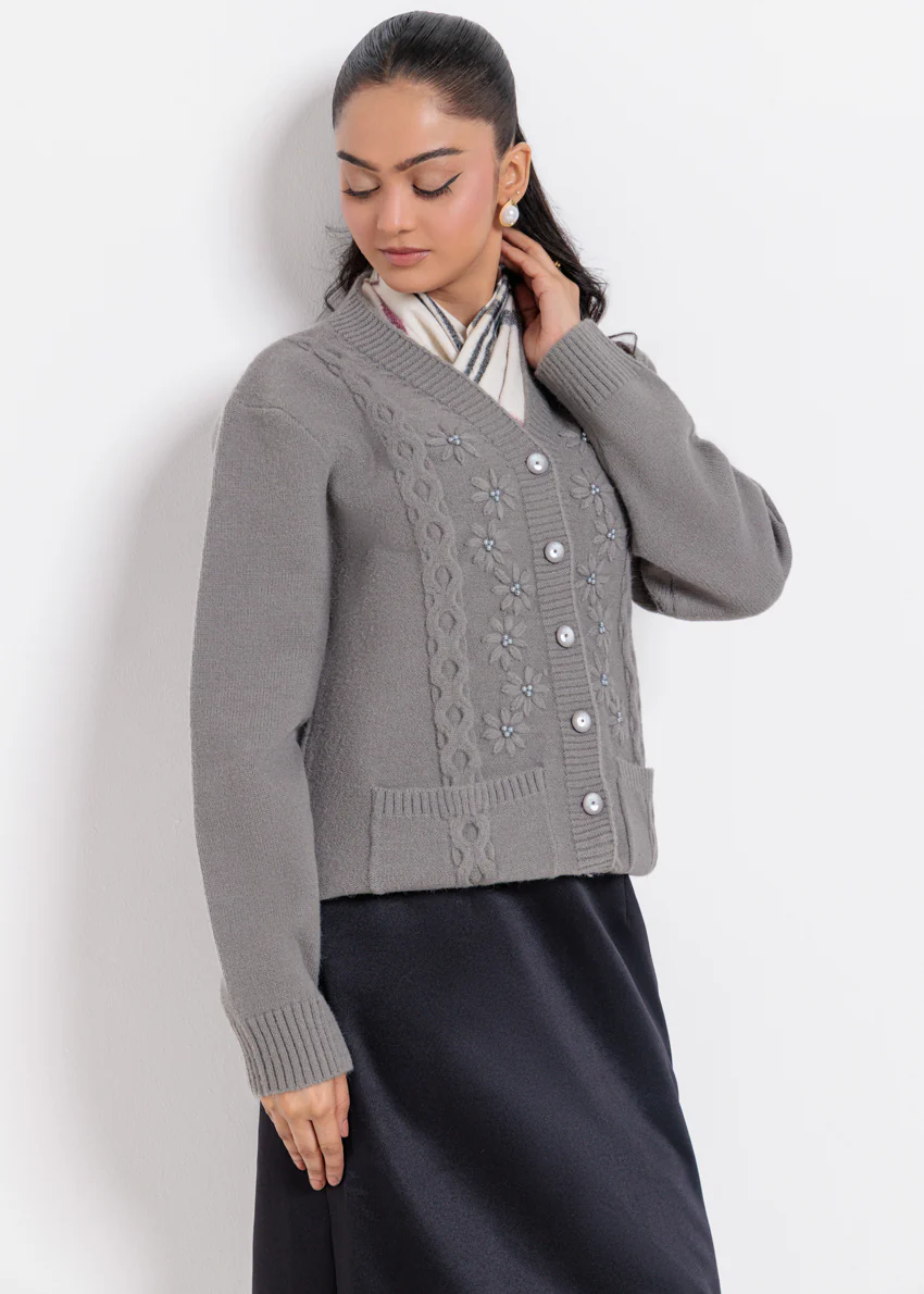 Grey-V-Cardigan Full Sleeves Sweater (25Y-063-67)