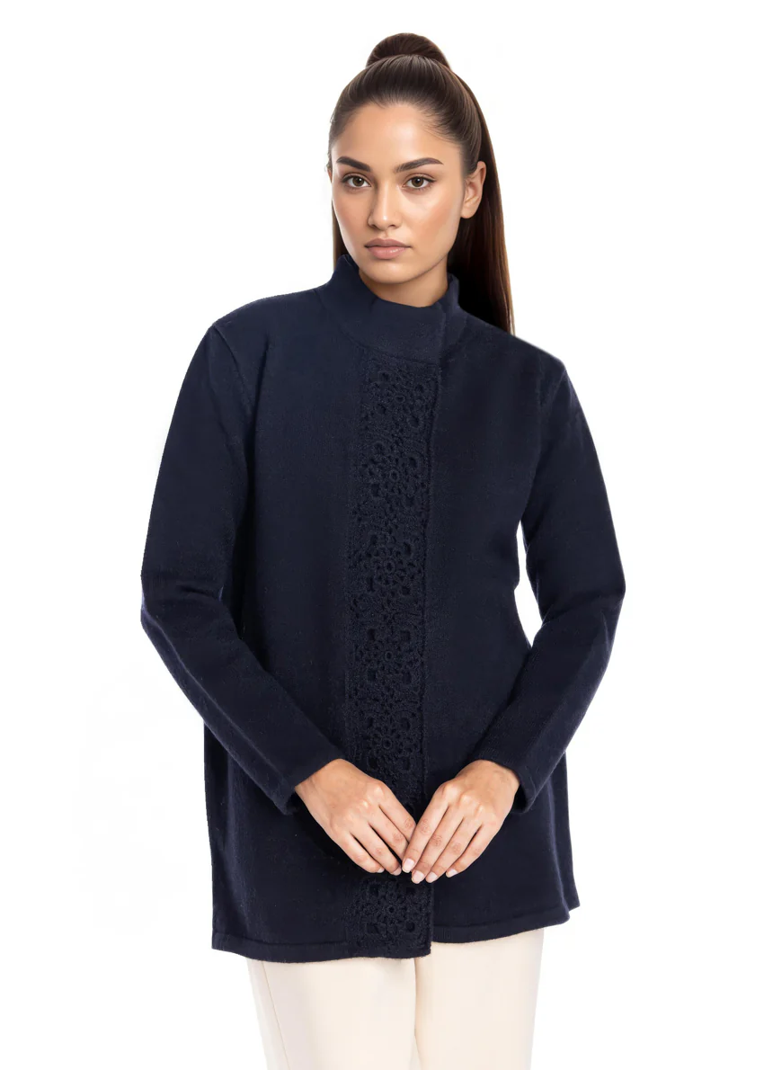 Black-High Neck Collar Full Sleeves Cardigan Sweater (25Y-069-67)