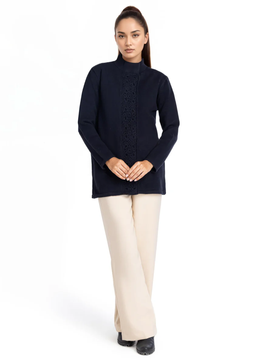 Black-High Neck Collar Full Sleeves Cardigan Sweater (25Y-069-67) - Image 2