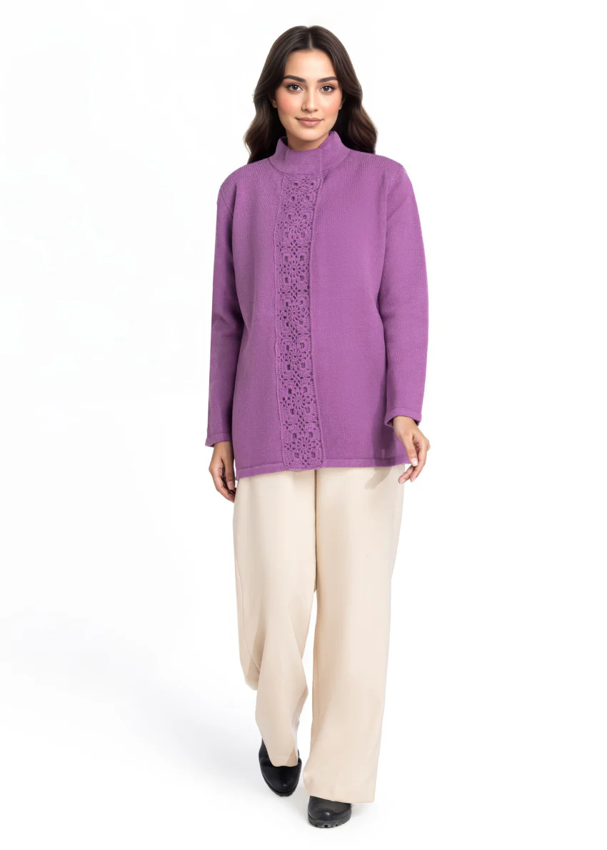 Plum-High Neck Collar Full Sleeves Cardigan Sweater (25Y-069-67) - Image 2