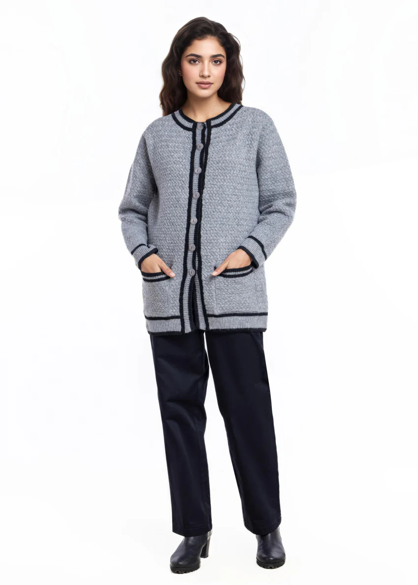 Grey-Round Neck Cardigan Full Sleeves Sweater (25Y-071-67)